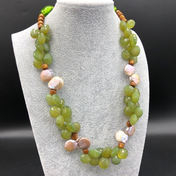 BG Jewelry - BG Fresh Water Pearl Necklace Baroque Coins Faceted Glass Teardrops 14K GP Clasp